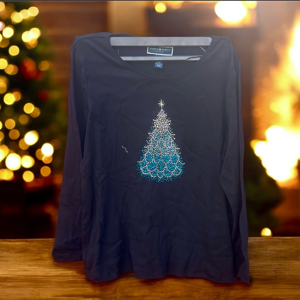 Holiday Glam Glutz Sparkle Christmas Tree Retro Karen Scott Petite Sweater NWT